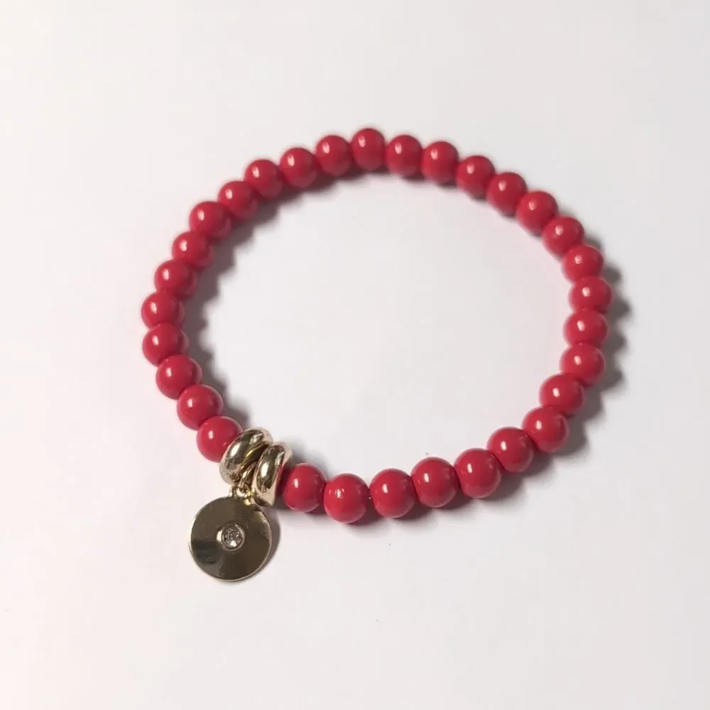 39 Red Beaded Bracelet with Gold Disc and One Rhinestone‎
